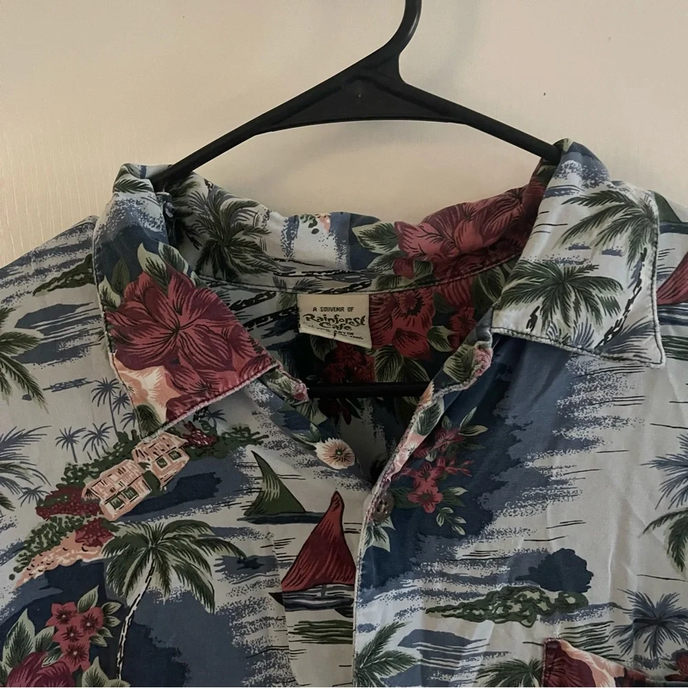 Vintage A Souvenir Of The Rainforest Café Mens Short Sleeve Hawaiian Shirt Large - Picture 8 of 11